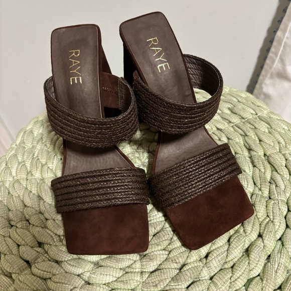 Raye Lula Brown Suede Jute Double Strap Square Toe Pyramid Heel Sandals NWOB - Picture 6 of 8